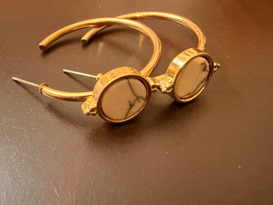 Gold Plated Open Round Shaped Marble Stone Earring