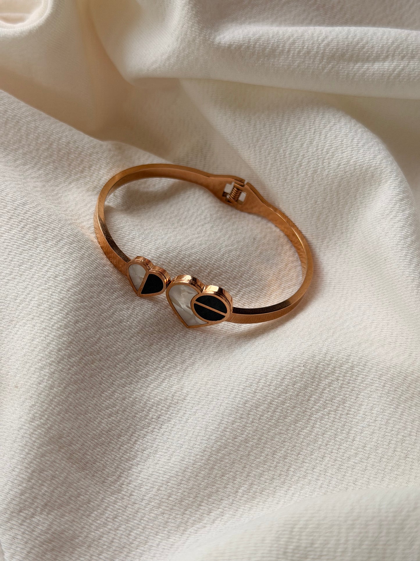 Black and White Heart Motifs Rosegold AntiTarnish Stainless Steel Cuff Bracelet