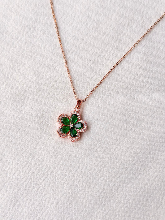 Green-white Crystal Flower Rosegold AntiTarnish Stainless Steel Chain Pendant