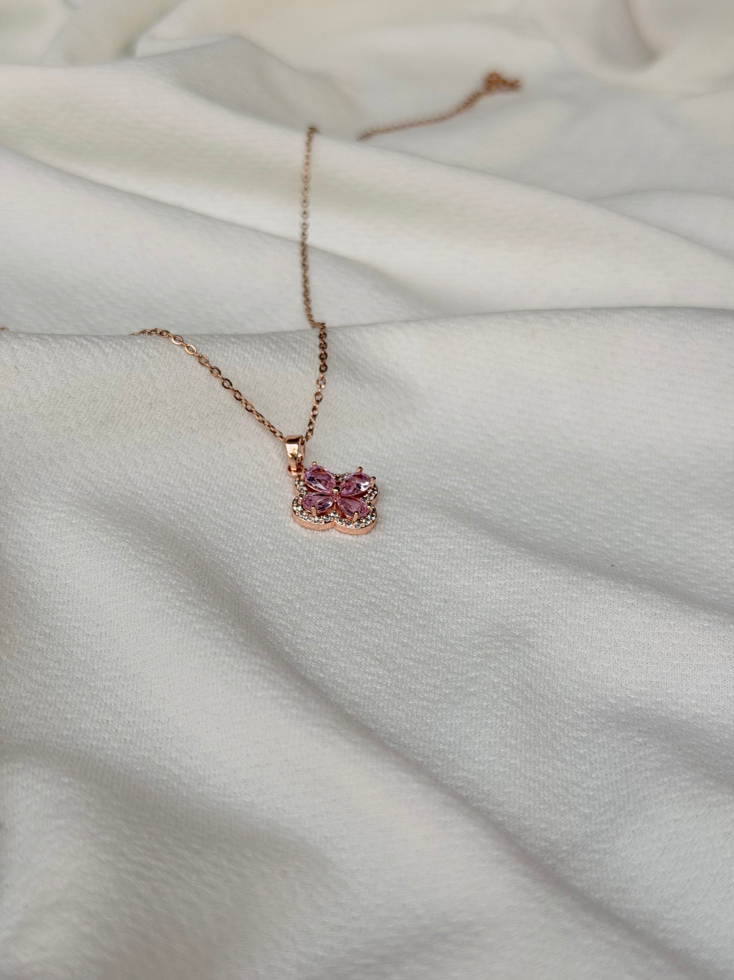 Pink Crystal Floral Rose gold Anti Tarnish Chain Pendant