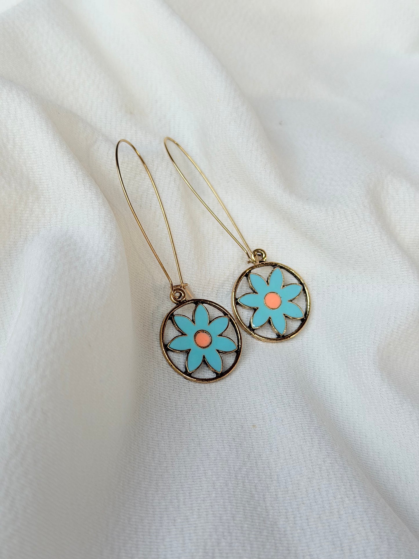 Antique Gold Floral Enamel Hook Long Earring