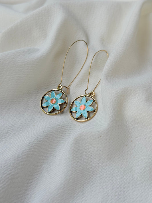 Antique Gold Floral Enamel Hook Long Earring