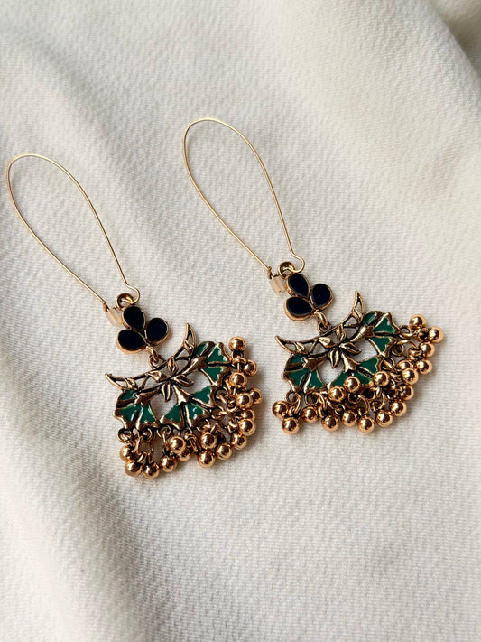 Antique Gold Dual Colour Floral Hook Long Earrings