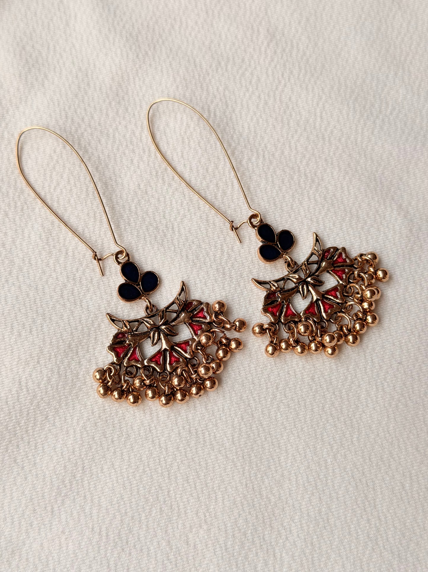 Antique Gold Dual Colour Floral Hook Long Earrings