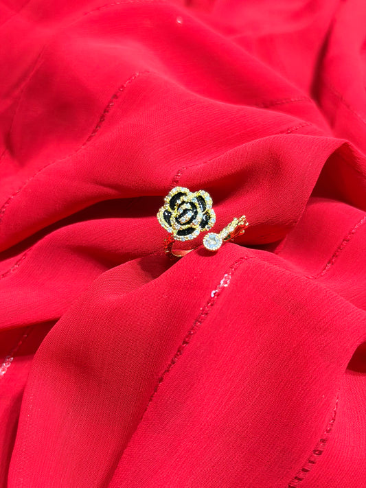 Black Camellia Flower With RhineStones Adjustable Gold plated Ring