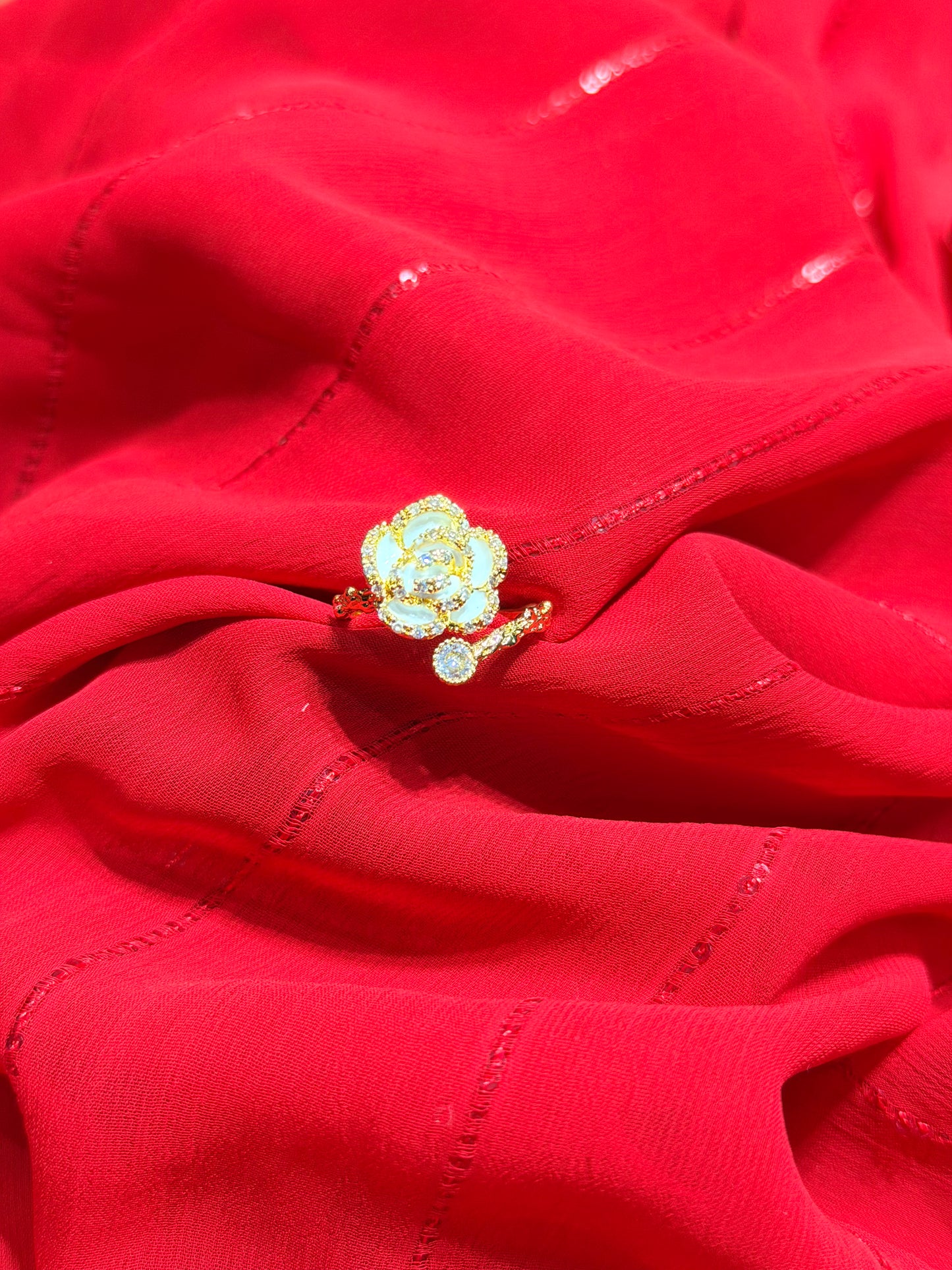 Black Camellia Flower With RhineStones Adjustable Gold plated Ring