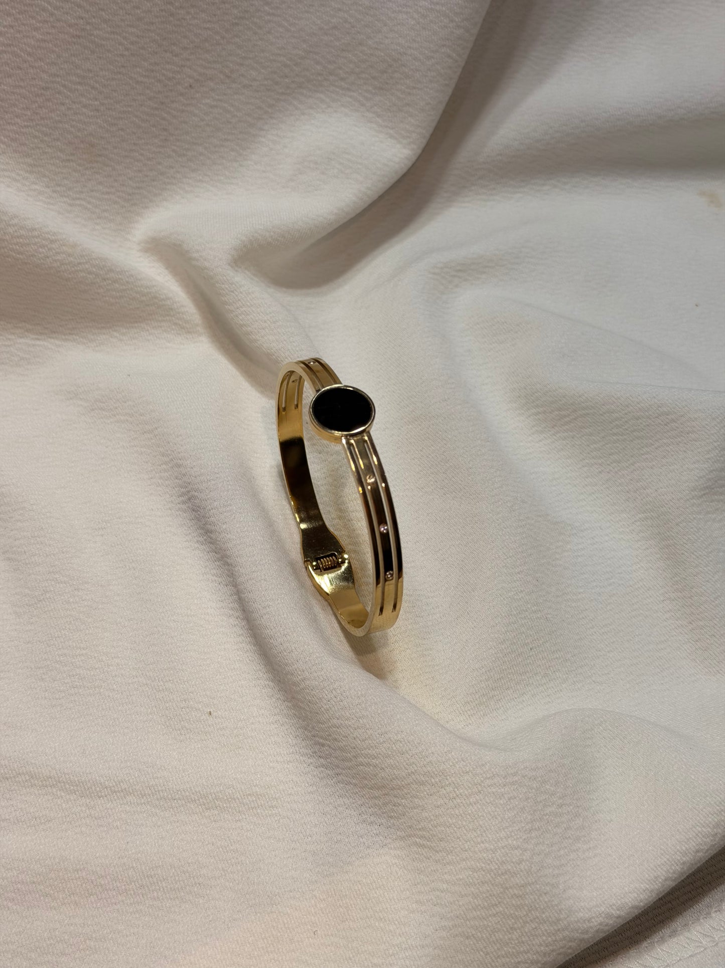 Small Crystal and Black inlay Gold-Plated AntiTarnish Stainless Steel Cuff Bracelet