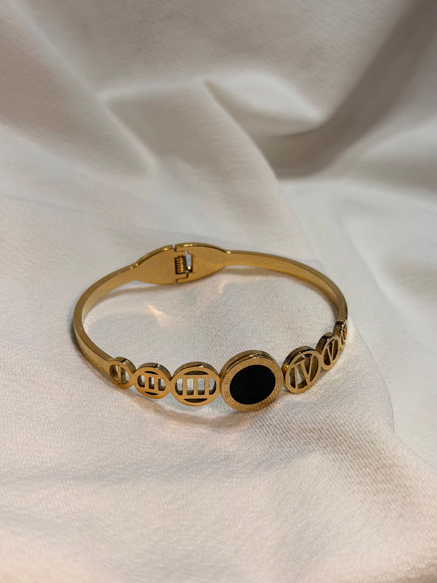 Roman Numerals on Black Enamel Circle Gold-Plated AntiTarnish Cuff Bracelet
