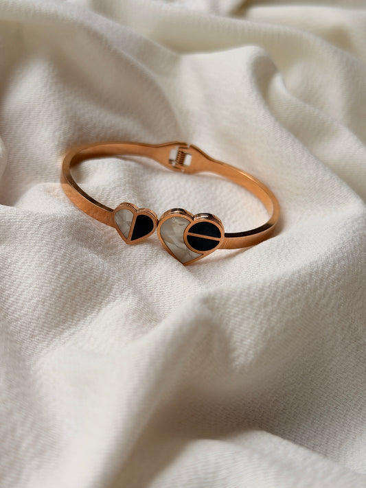 Black and White Heart Motifs Rosegold AntiTarnish Stainless Steel Cuff Bracelet