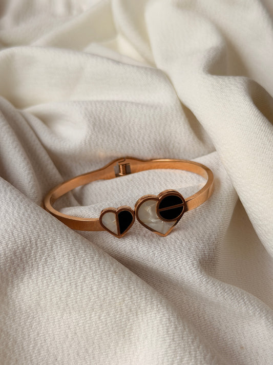 Black and White Heart Motifs Rosegold AntiTarnish Stainless Steel Cuff Bracelet
