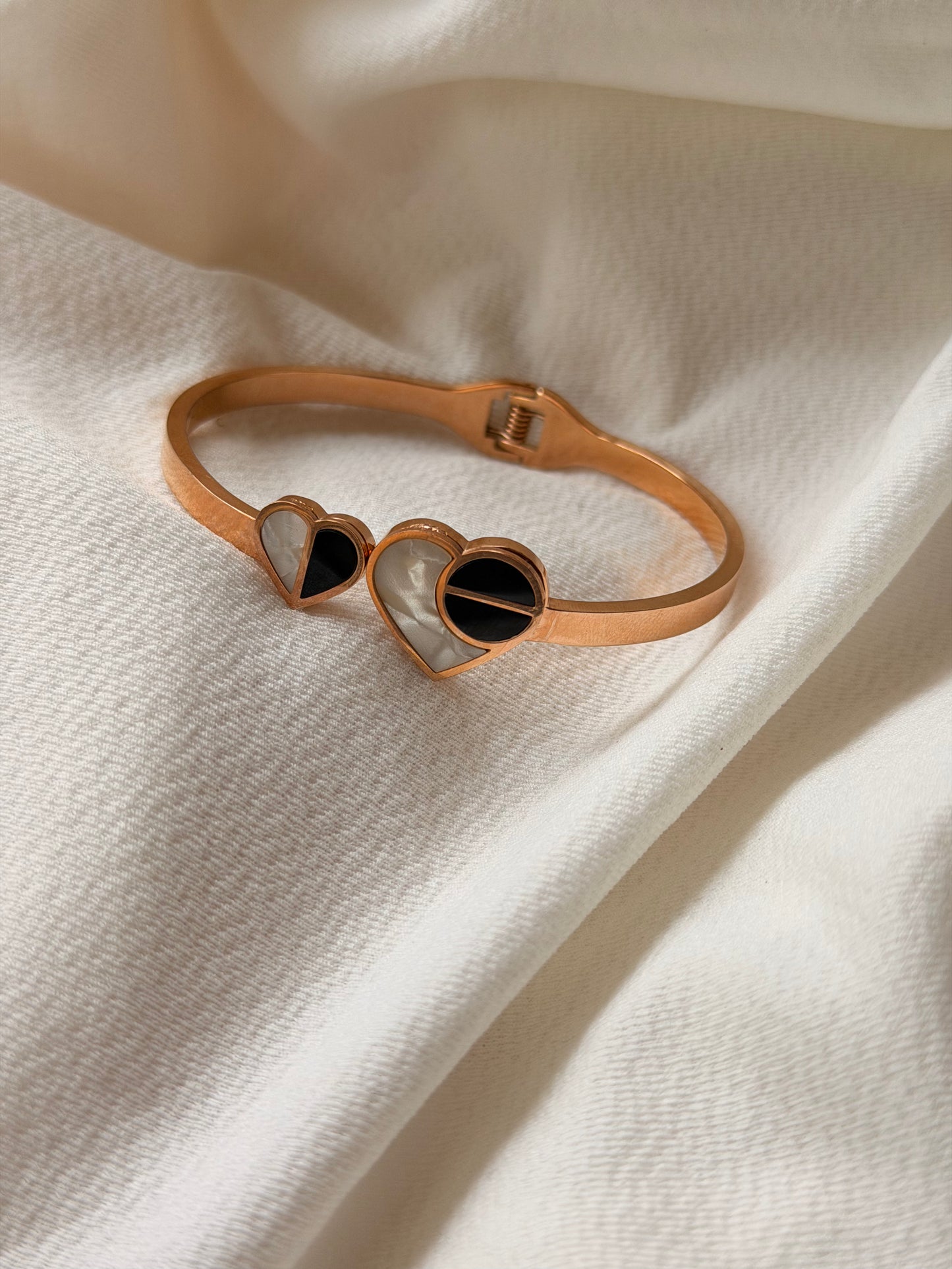 Black and White Heart Motifs Rosegold AntiTarnish Stainless Steel Cuff Bracelet