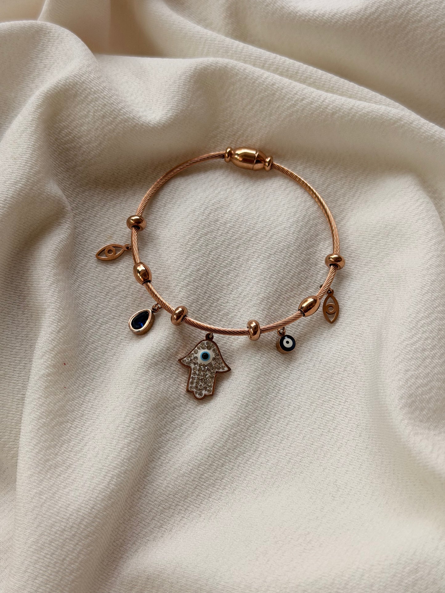 Hamsa Hand With Evil Eye Motif Rosegold AntiTarnish Stainless Steel Charm Bracelet