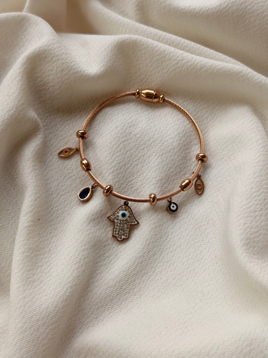 Hamsa Hand With Evil Eye Motif Rosegold AntiTarnish Stainless Steel Charm Bracelet