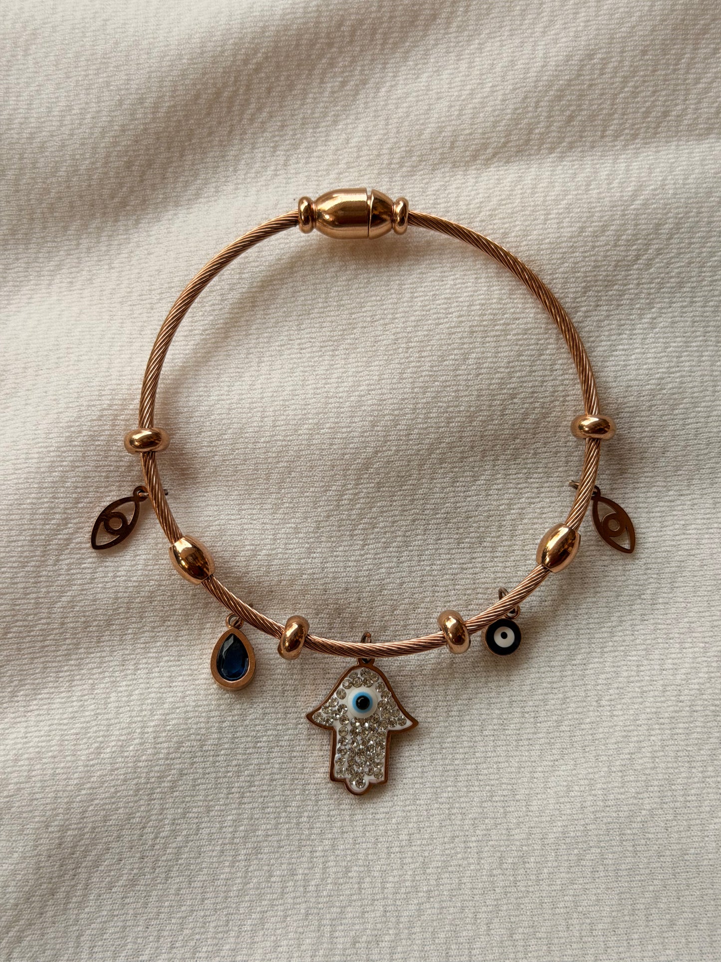 Hamsa Hand With Evil Eye Motif Rosegold AntiTarnish Stainless Steel Charm Bracelet