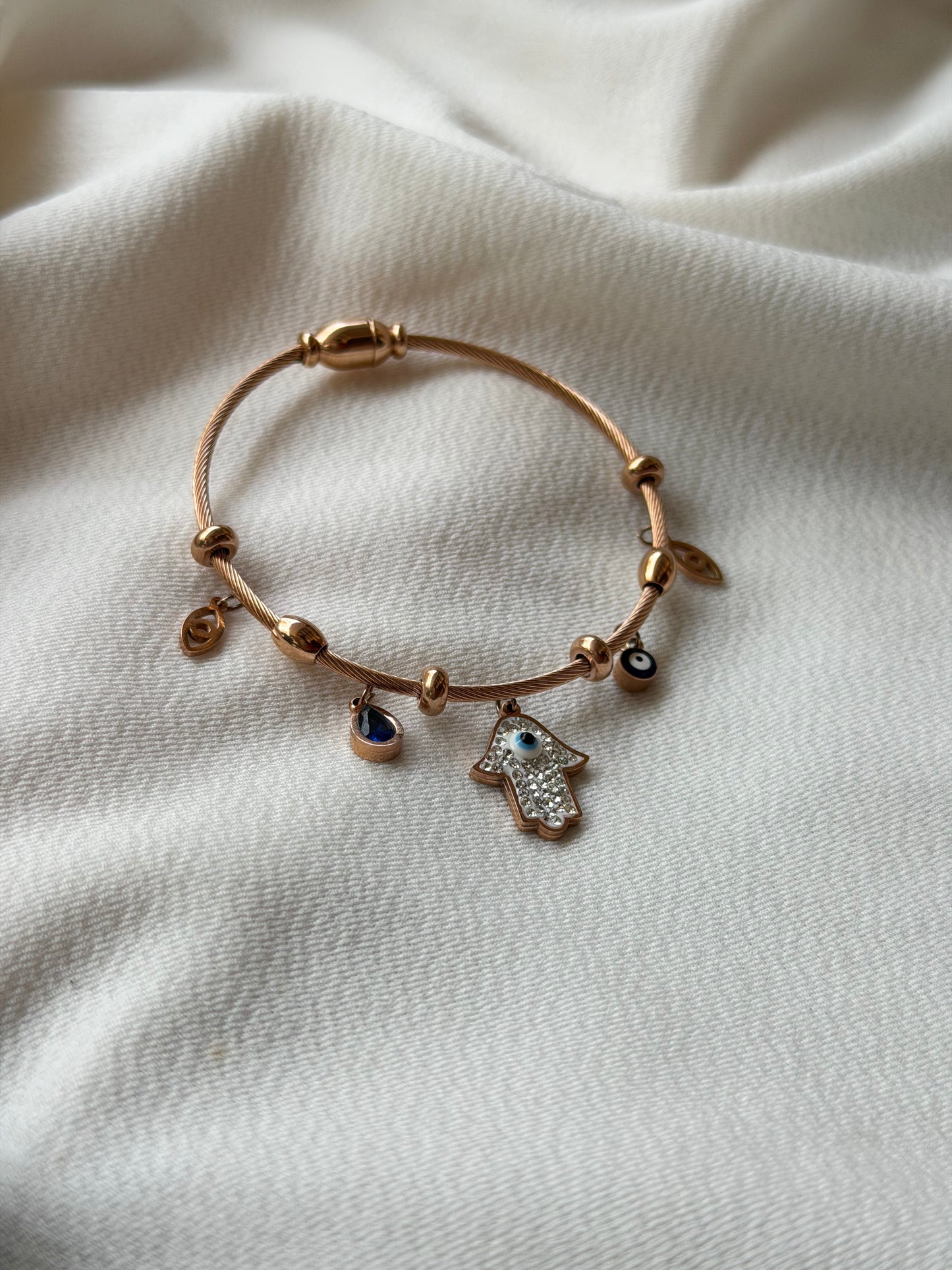 Hamsa Hand With Evil Eye Motif Rosegold AntiTarnish Stainless Steel Charm Bracelet