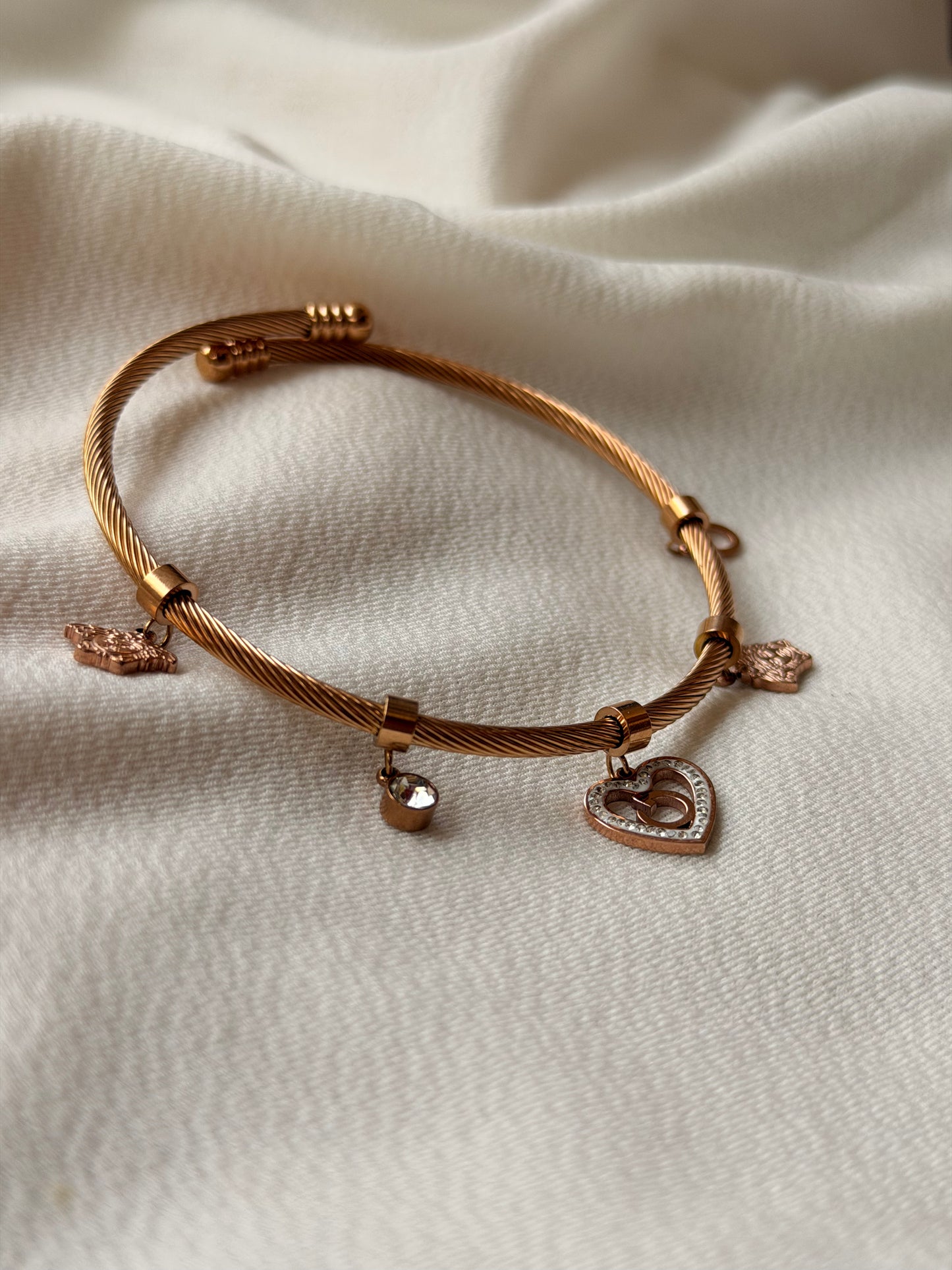 Heart and Crystal Charm Rosegold AntiTarnish Stainless Steel Bracelet