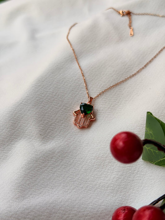 Hamsa hand with Green Stone Rosegold AntiTarnish Stainless Steel Chain Pendant
