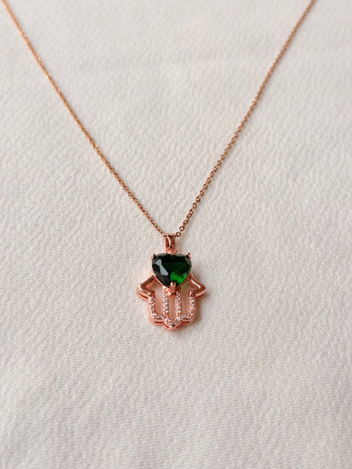 Hamsa hand with Green Stone Rosegold AntiTarnish Stainless Steel Chain Pendant
