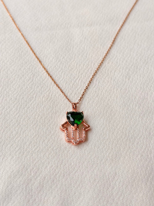 Hamsa hand with Green Stone Rosegold AntiTarnish Stainless Steel Chain Pendant
