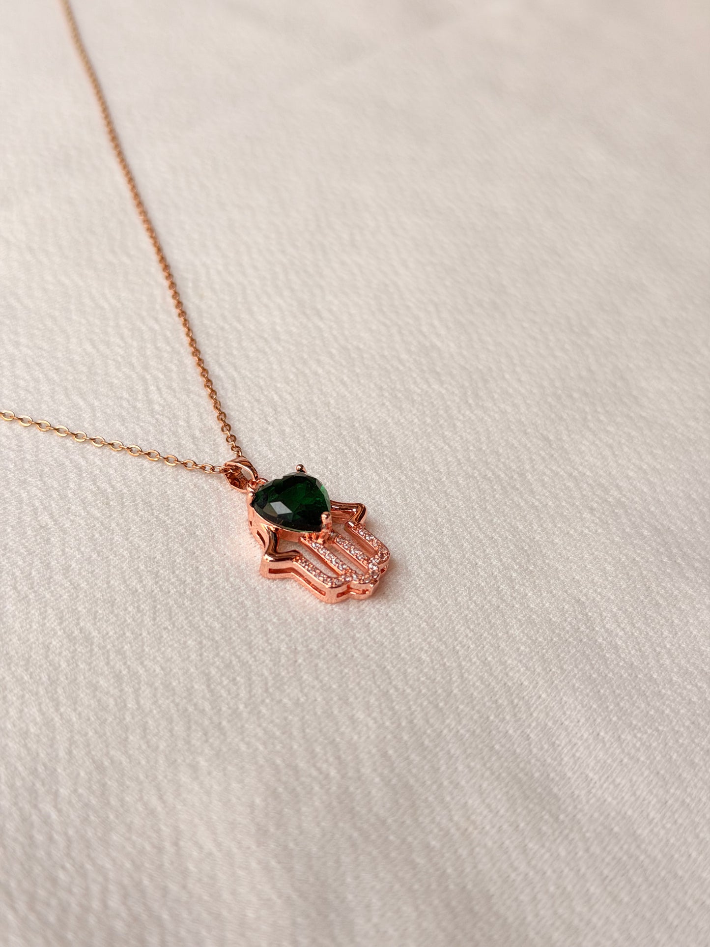 Hamsa hand with Green Stone Rosegold AntiTarnish Stainless Steel Chain Pendant