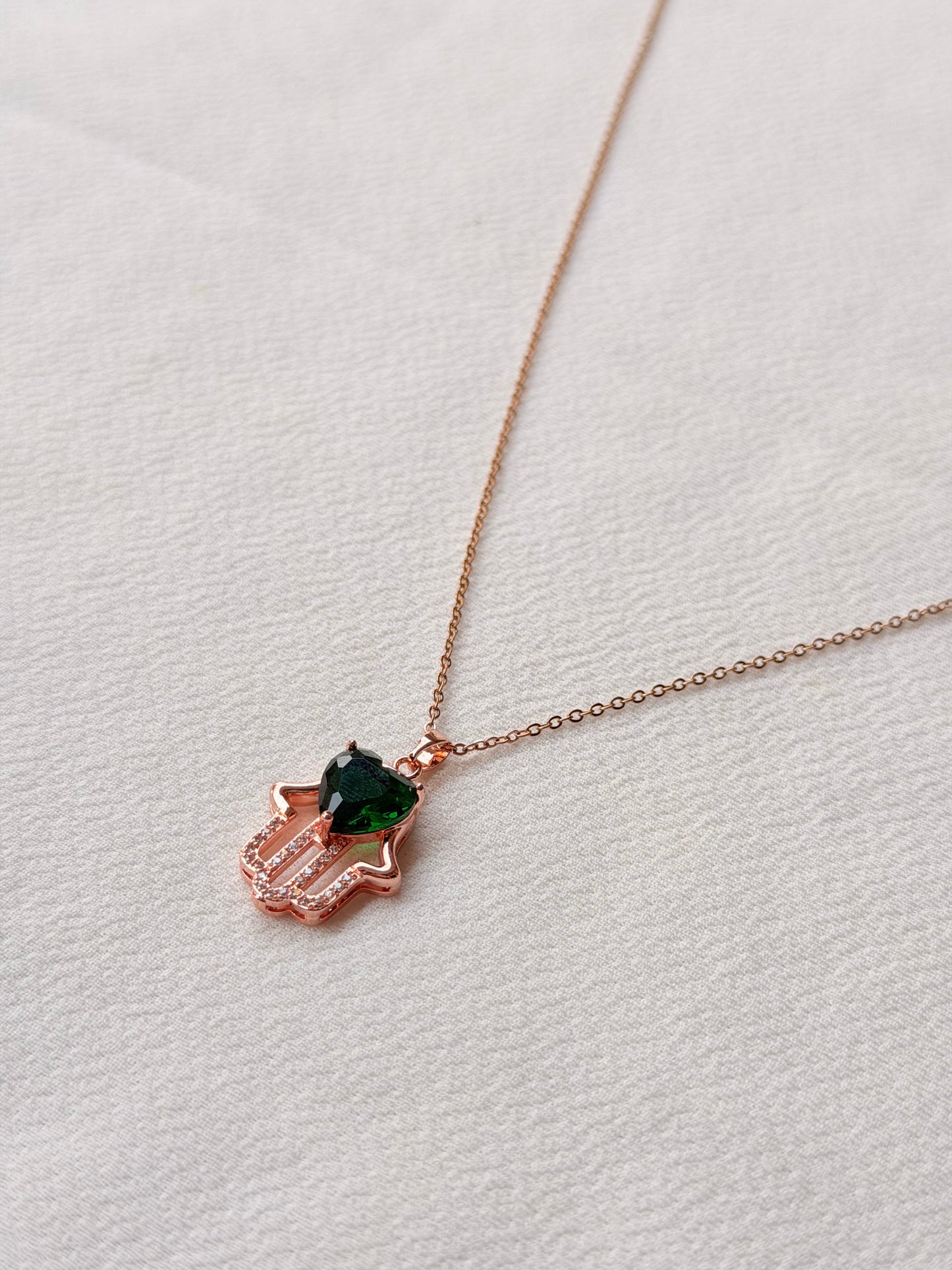 Hamsa hand with Green Stone Rosegold AntiTarnish Stainless Steel Chain Pendant