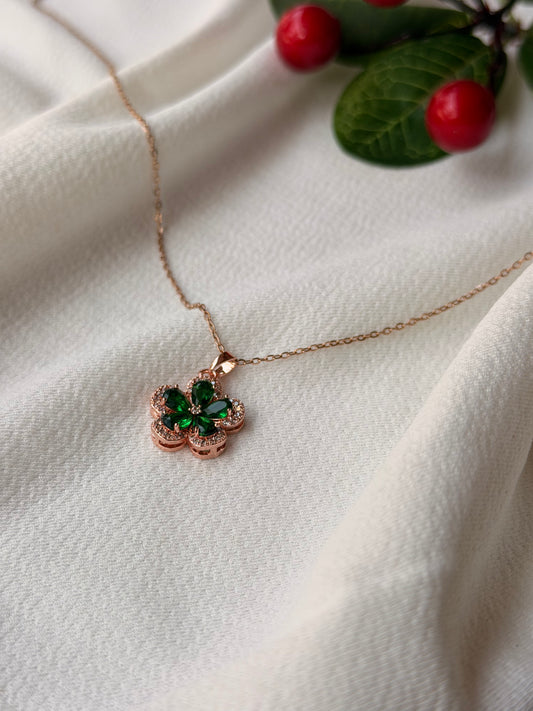 Green-white Crystal Flower Rosegold AntiTarnish Stainless Steel Chain Pendant