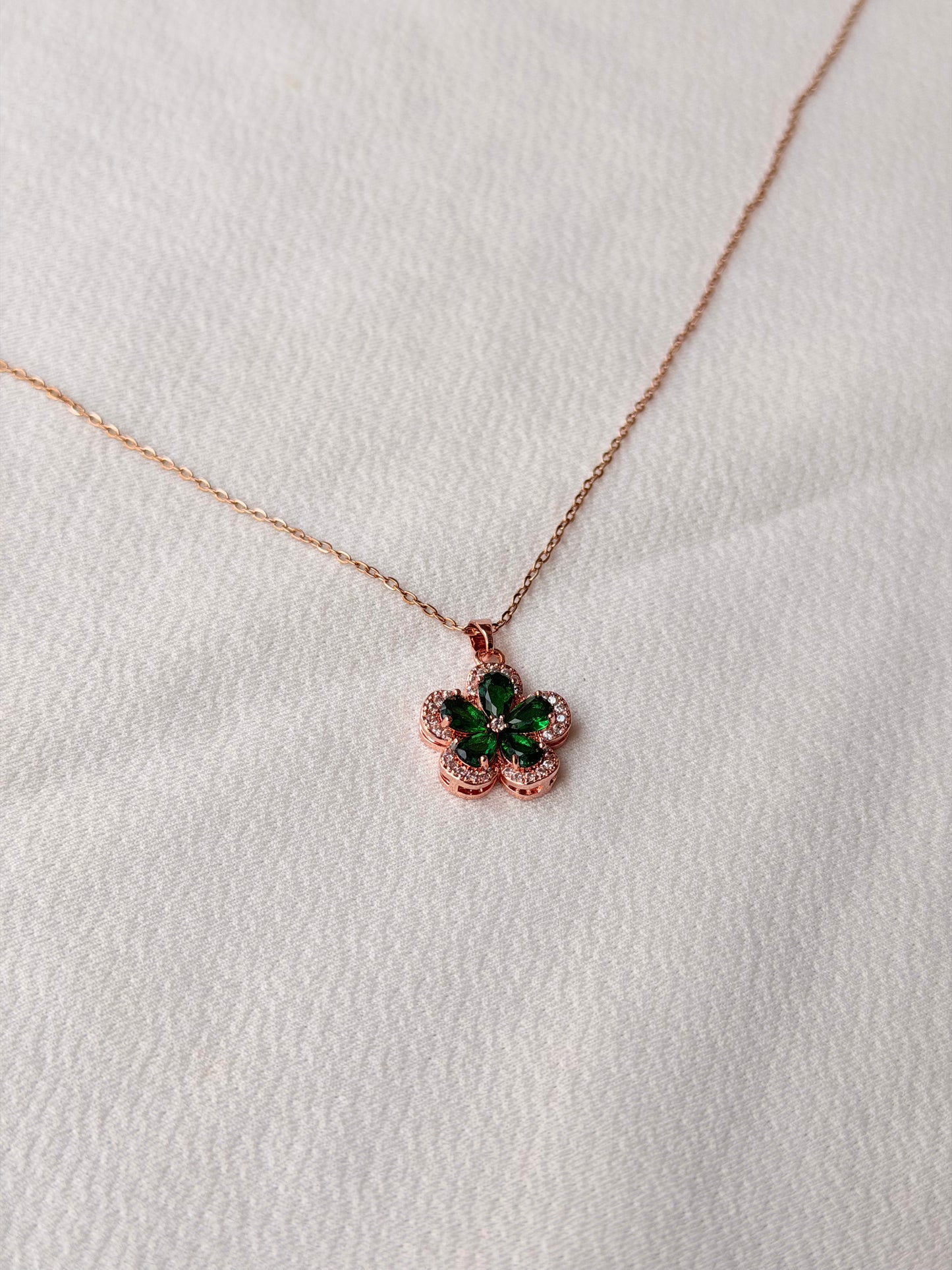 Green-white Crystal Flower Rosegold AntiTarnish Stainless Steel Chain Pendant