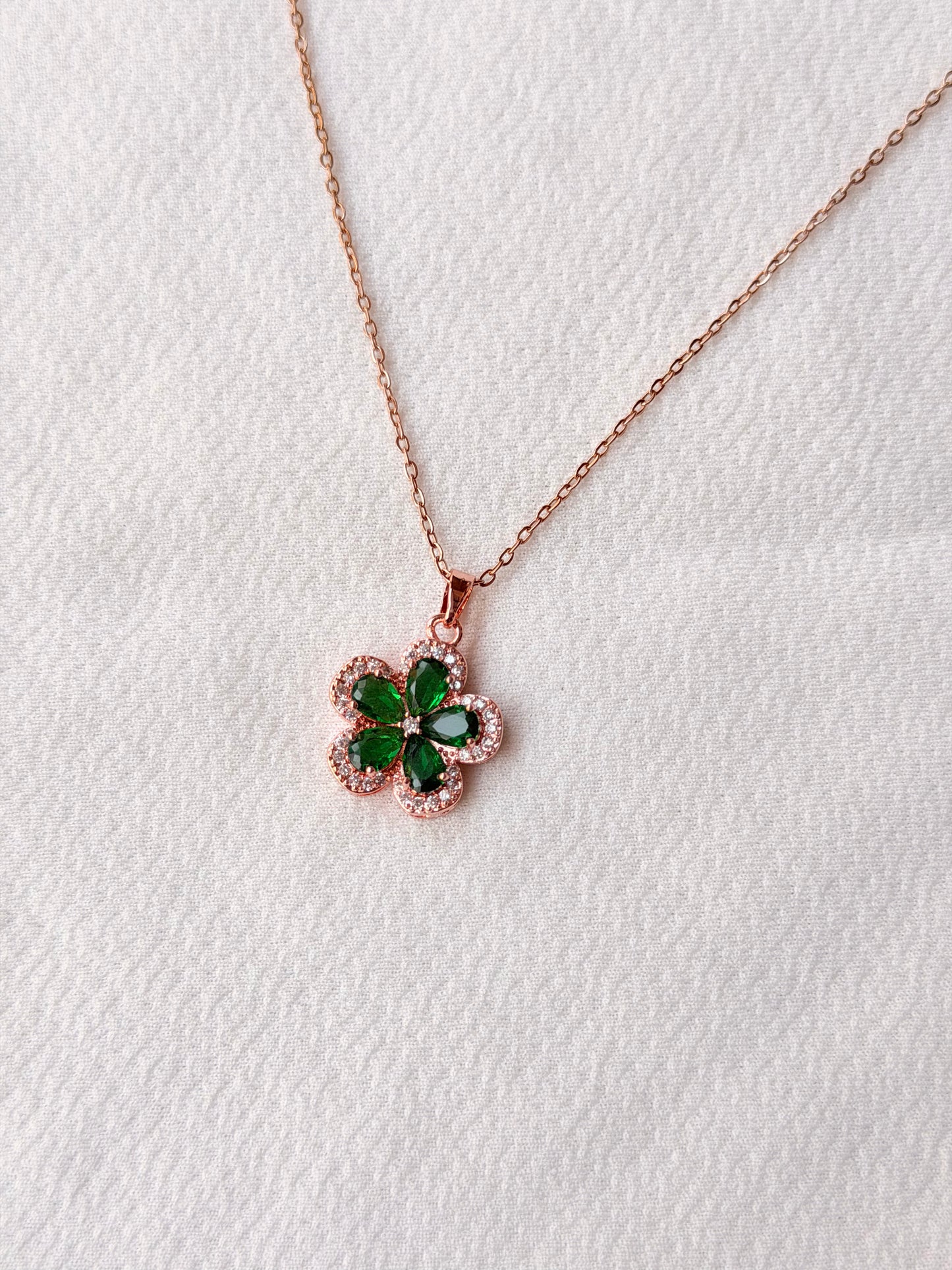 Green-white Crystal Flower Rosegold AntiTarnish Stainless Steel Chain Pendant