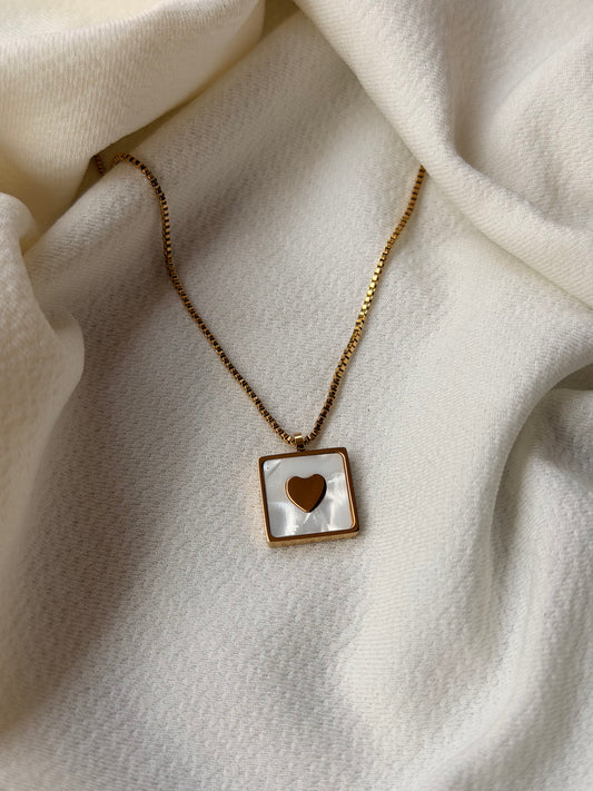Heart Inlay Square Gold Plated Antitarnish Stainless Steel Chain Pendant