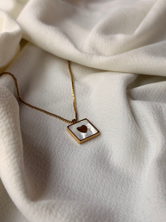 Heart Inlay Square Gold Plated Antitarnish Stainless Steel Chain Pendant