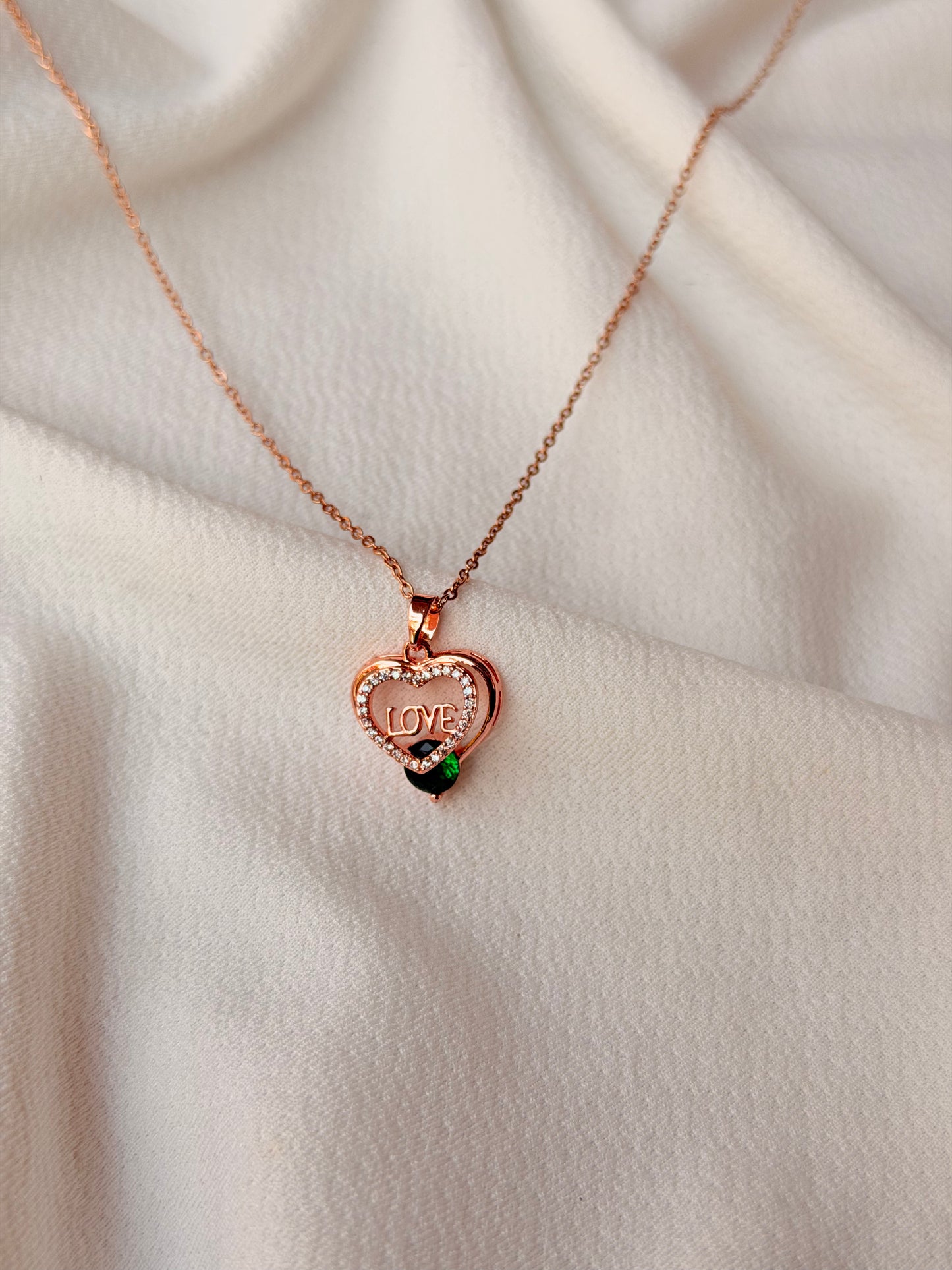 Emerald Stone Studded Heart Shaped Rose gold Antitarnish Chain Pendant