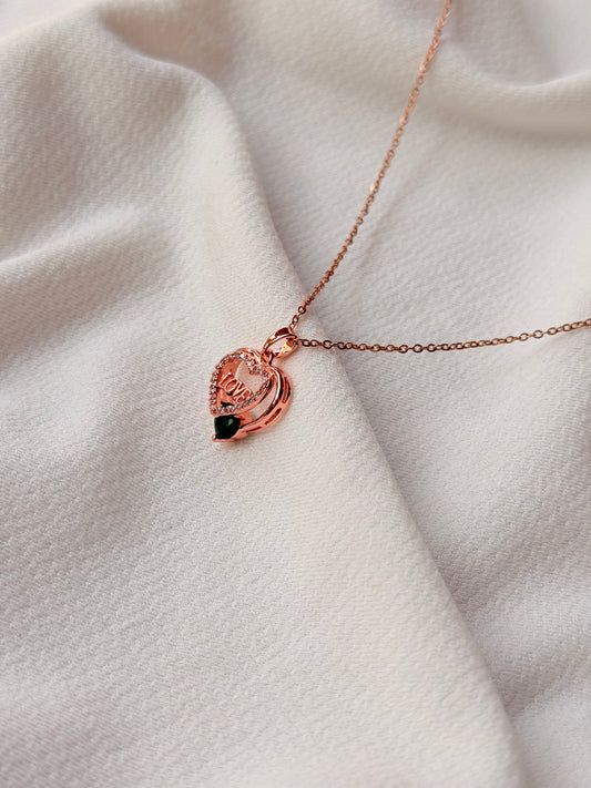 Emerald Stone Studded Heart Shaped Rose gold Antitarnish Chain Pendant