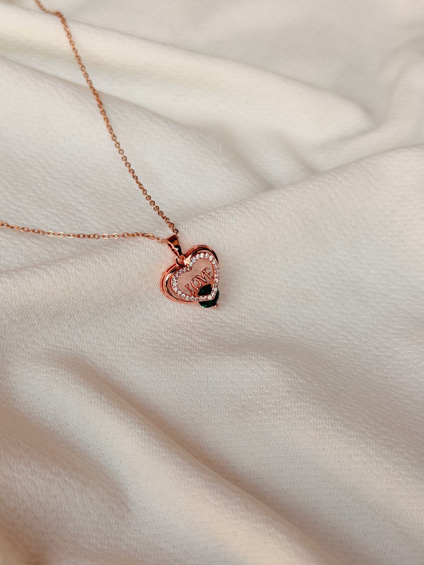 Emerald Stone Studded Heart Shaped Rose gold Antitarnish Chain Pendant