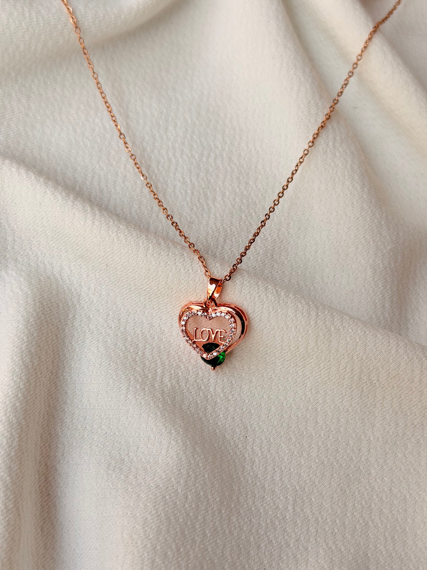 Emerald Stone Studded Heart Shaped Rose gold Antitarnish Chain Pendant