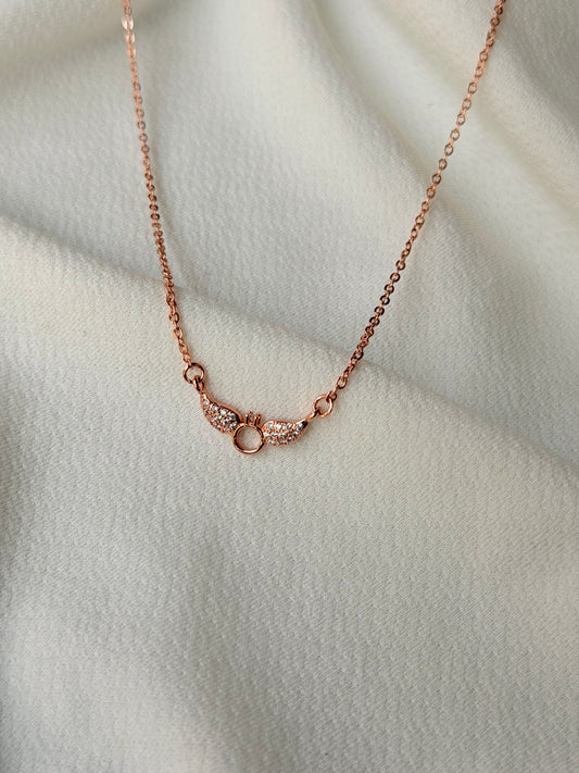 Angel Wings Stone Studded Rose Gold Anti Tarnish Chain Pendant