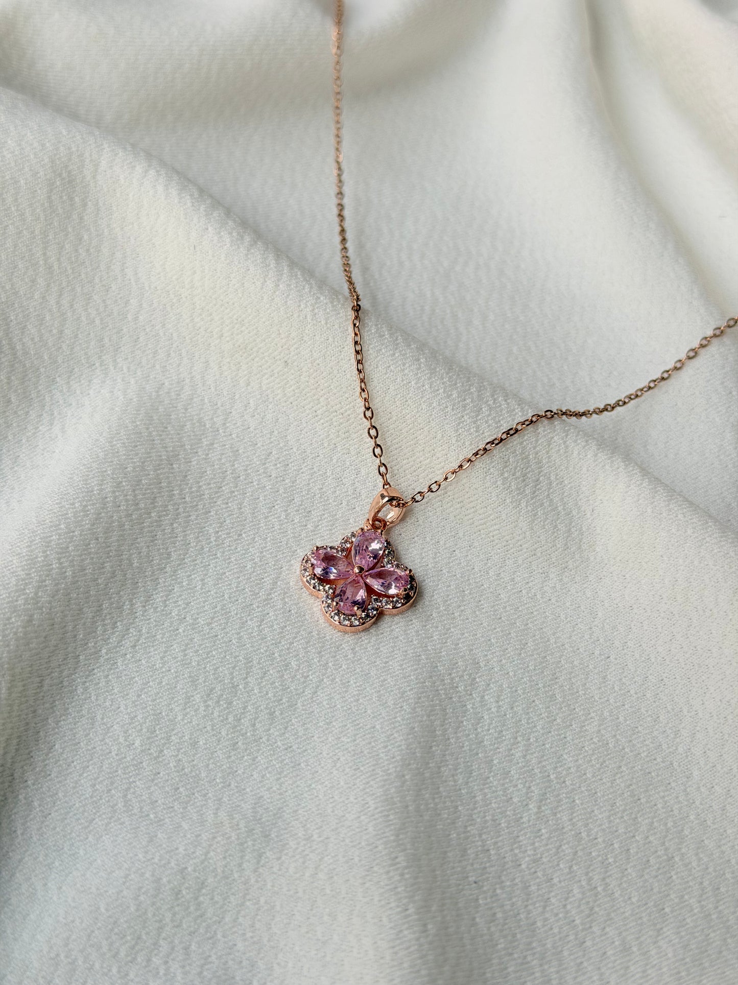 Pink Crystal Floral Rose gold Anti Tarnish Chain Pendant
