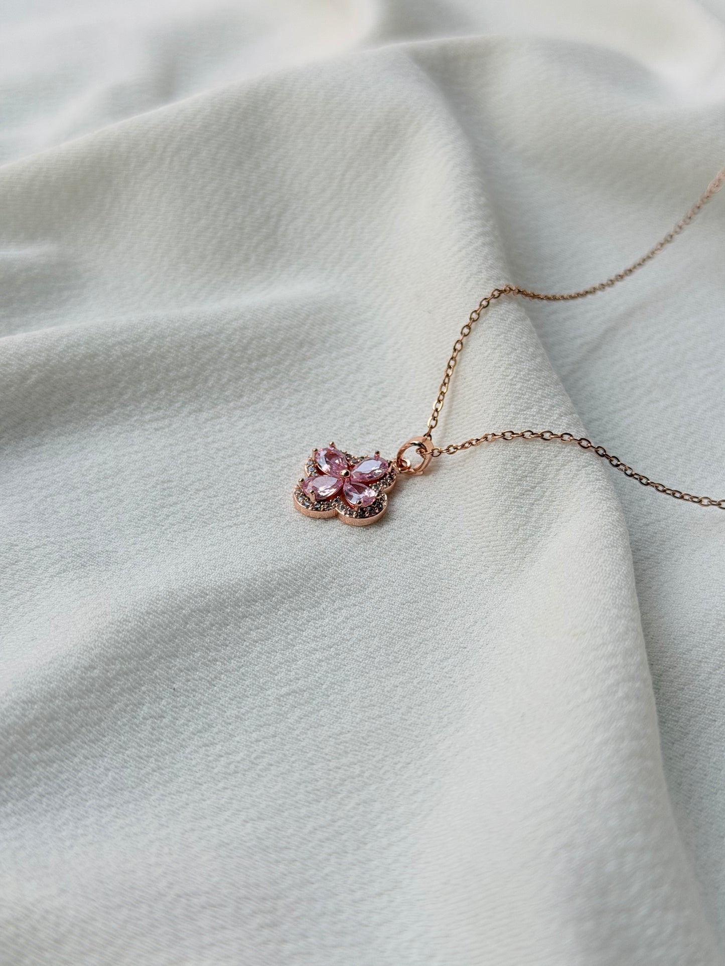 Pink Crystal Floral Rose gold Anti Tarnish Chain Pendant