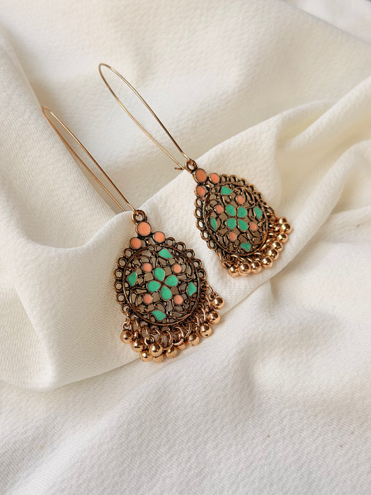 Antique Gold Dual Colour Hook Long Dangler Earring