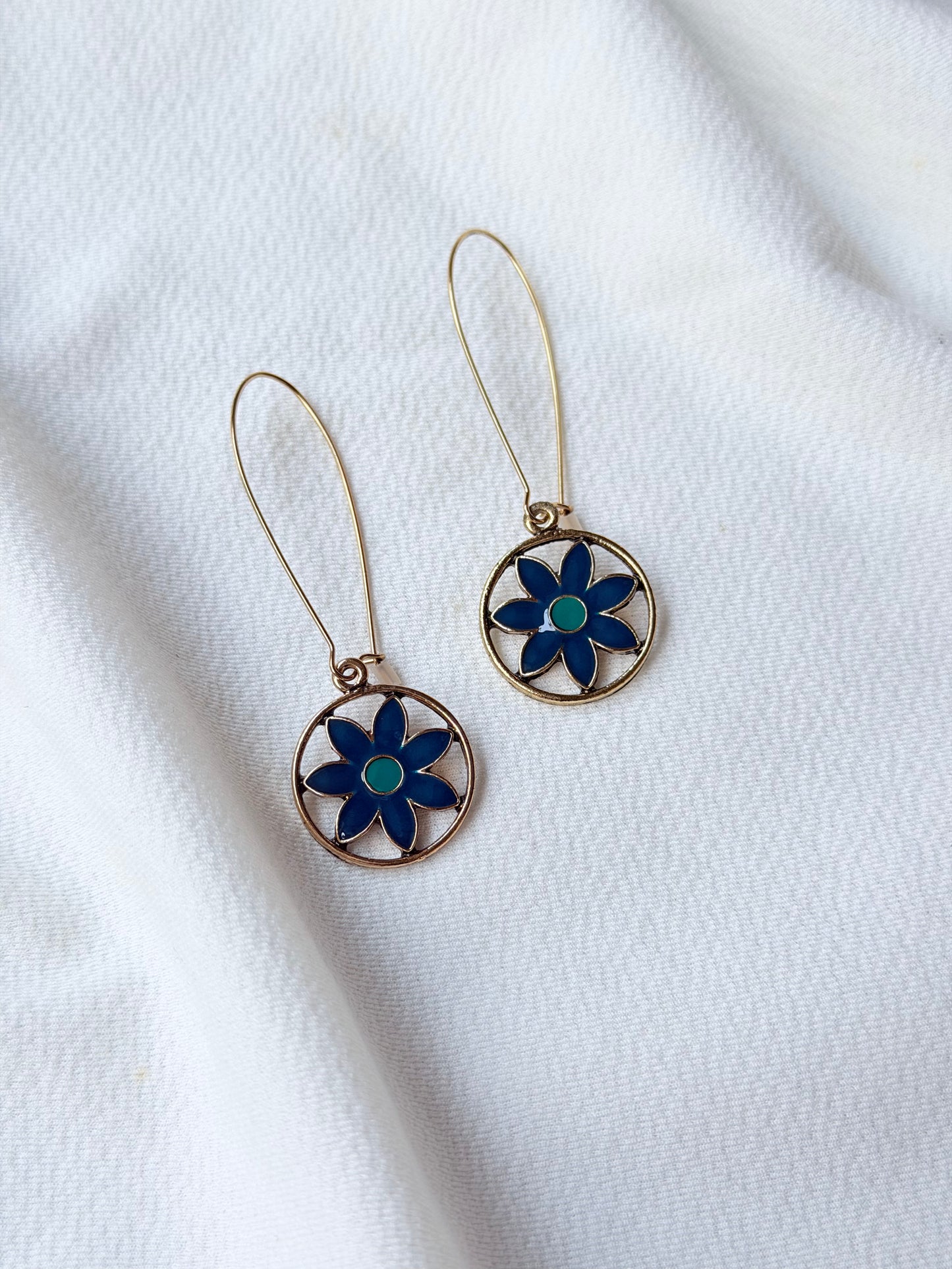 Antique Gold Floral Enamel Hook Long Earring