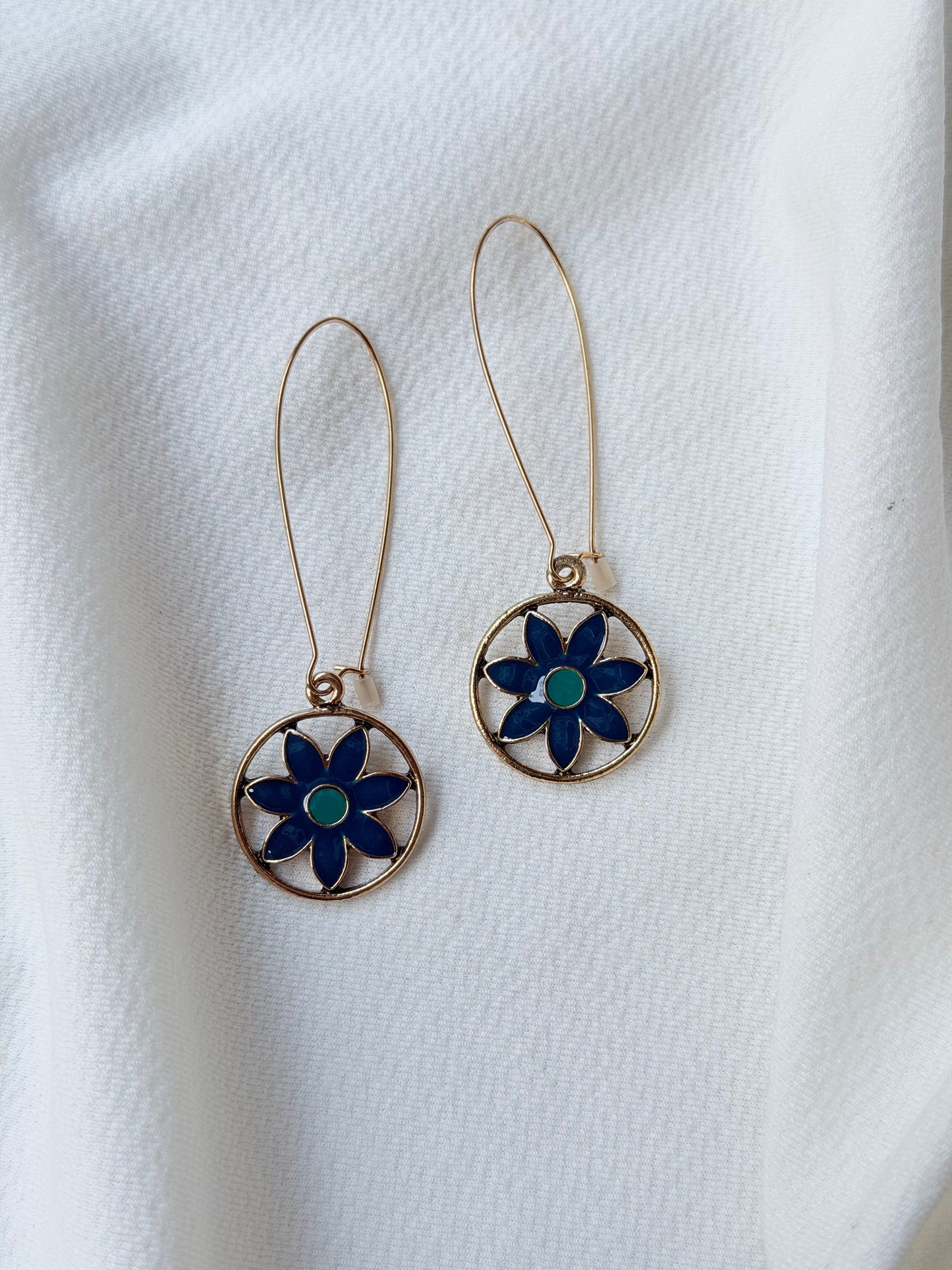 Antique Gold Floral Enamel Hook Long Earring