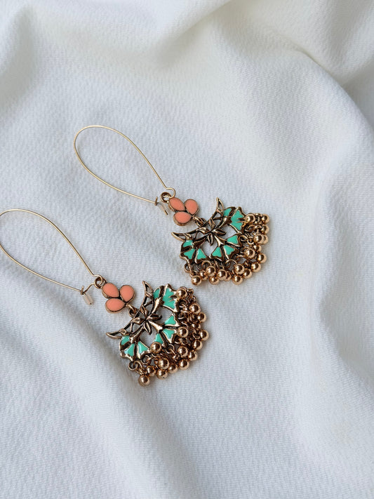 Antique Gold Dual Colour Floral Hook Long Earrings
