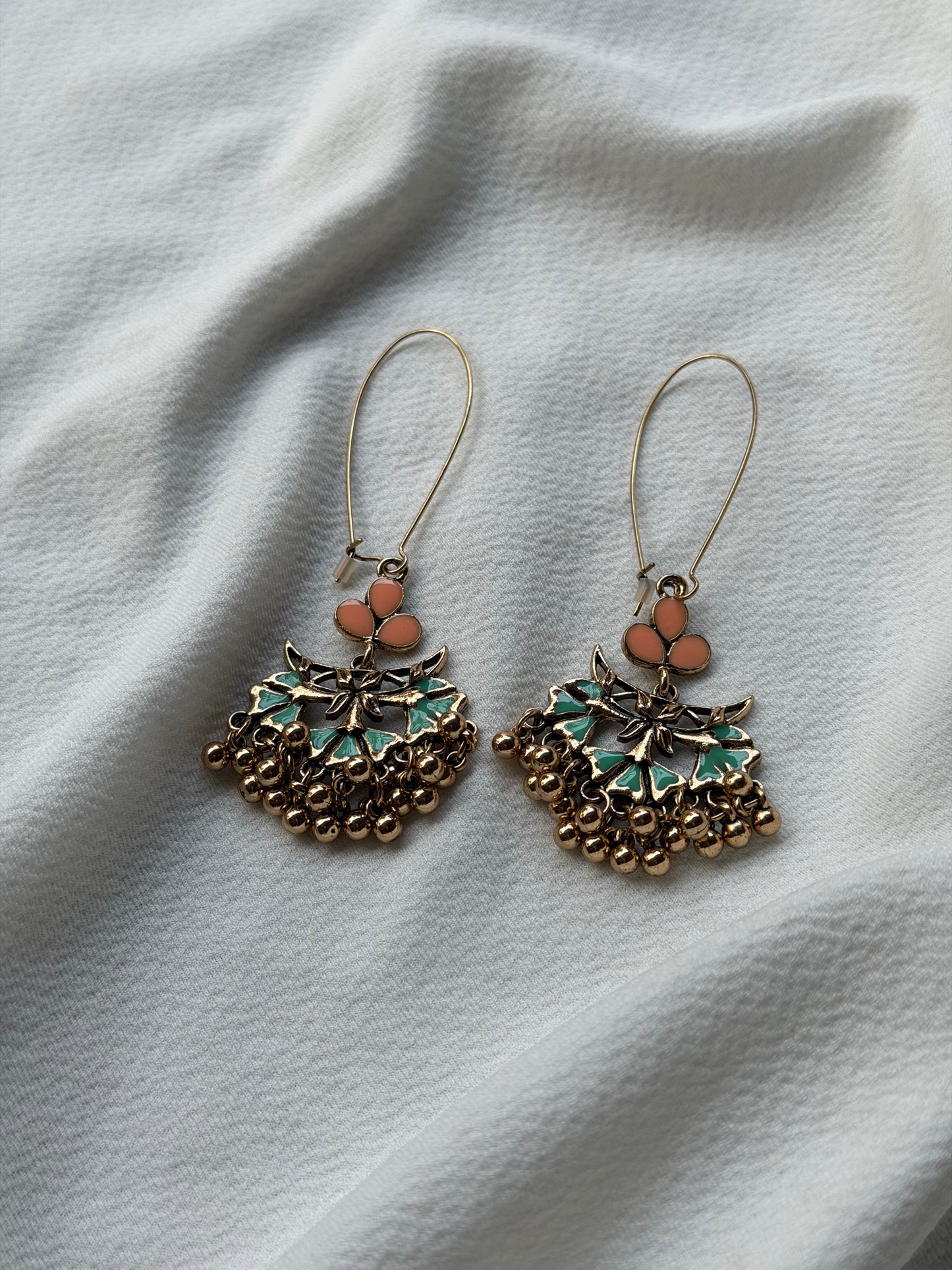 Antique Gold Dual Colour Floral Hook Long Earrings