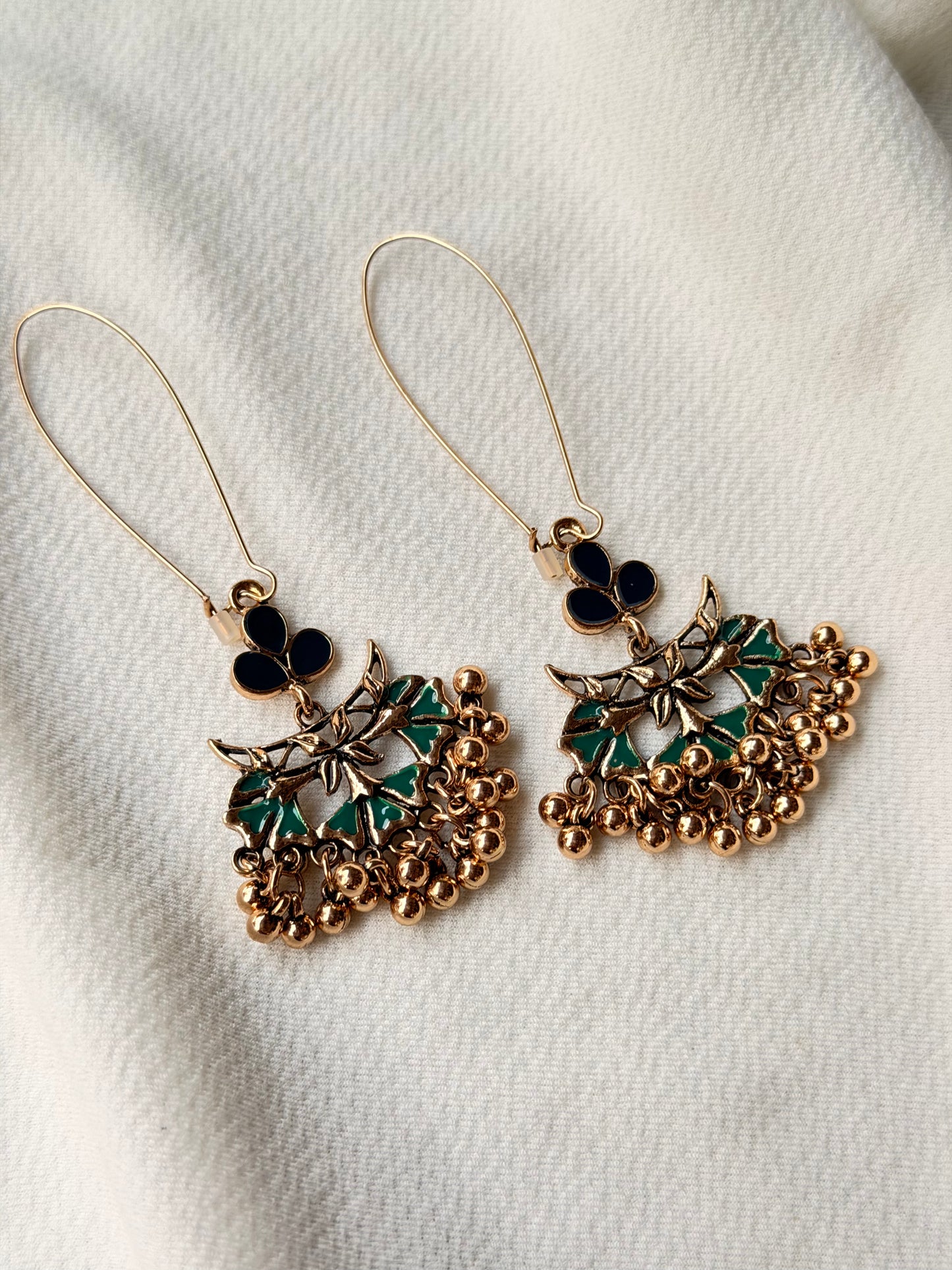 Antique Gold Dual Colour Floral Hook Long Earrings