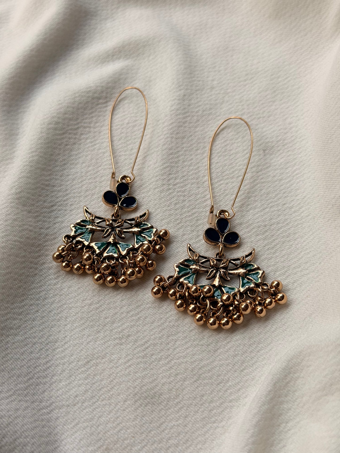 Antique Gold Dual Colour Floral Hook Long Earrings