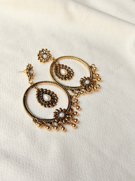 Antique Gold Ethnic Earring with Pearl and Ghungroos