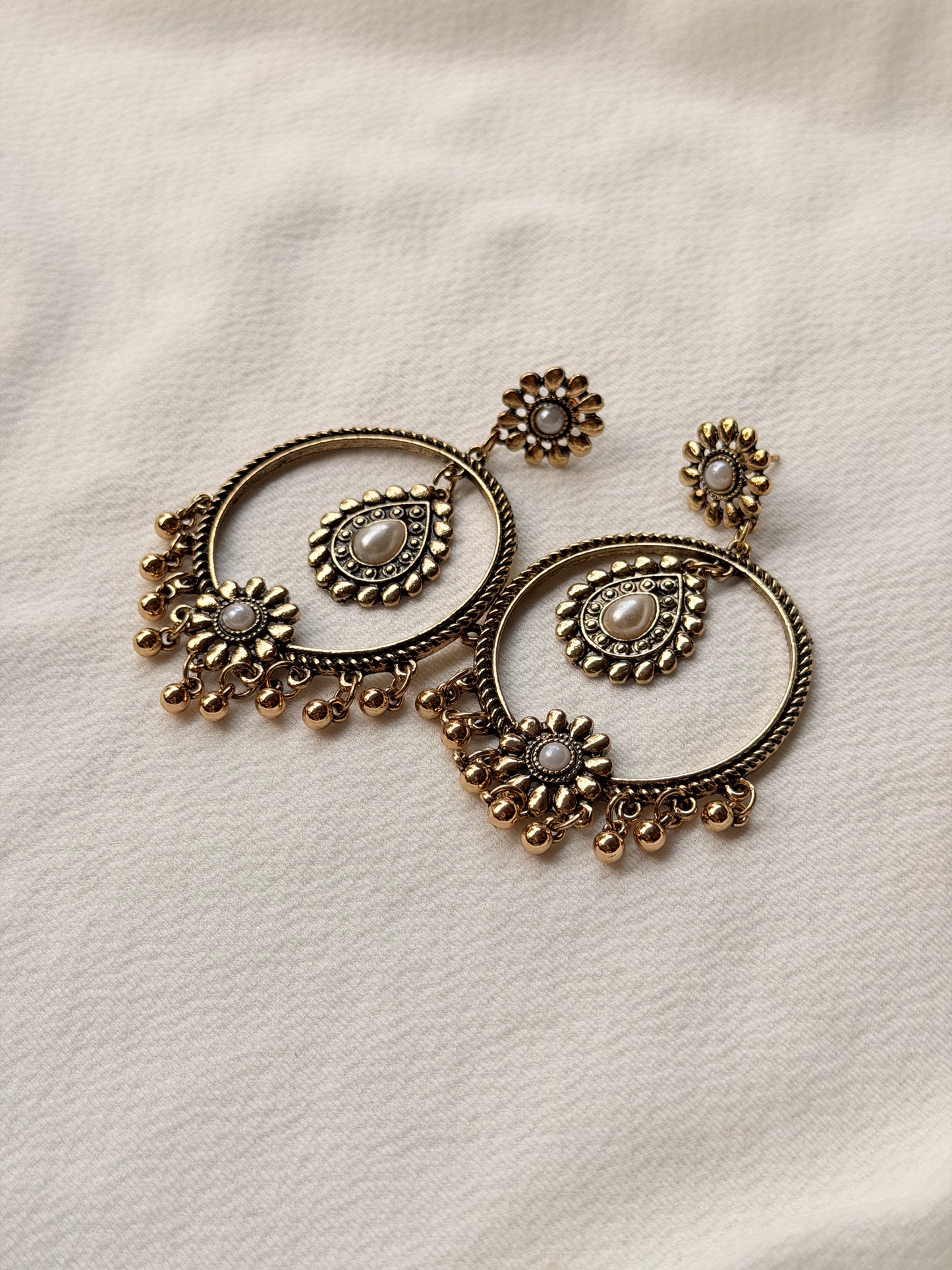 Antique Gold Ethnic Earring with Pearl and Ghungroos