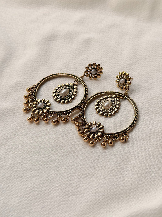 Antique Gold Ethnic Earring with Pearl and Ghungroos