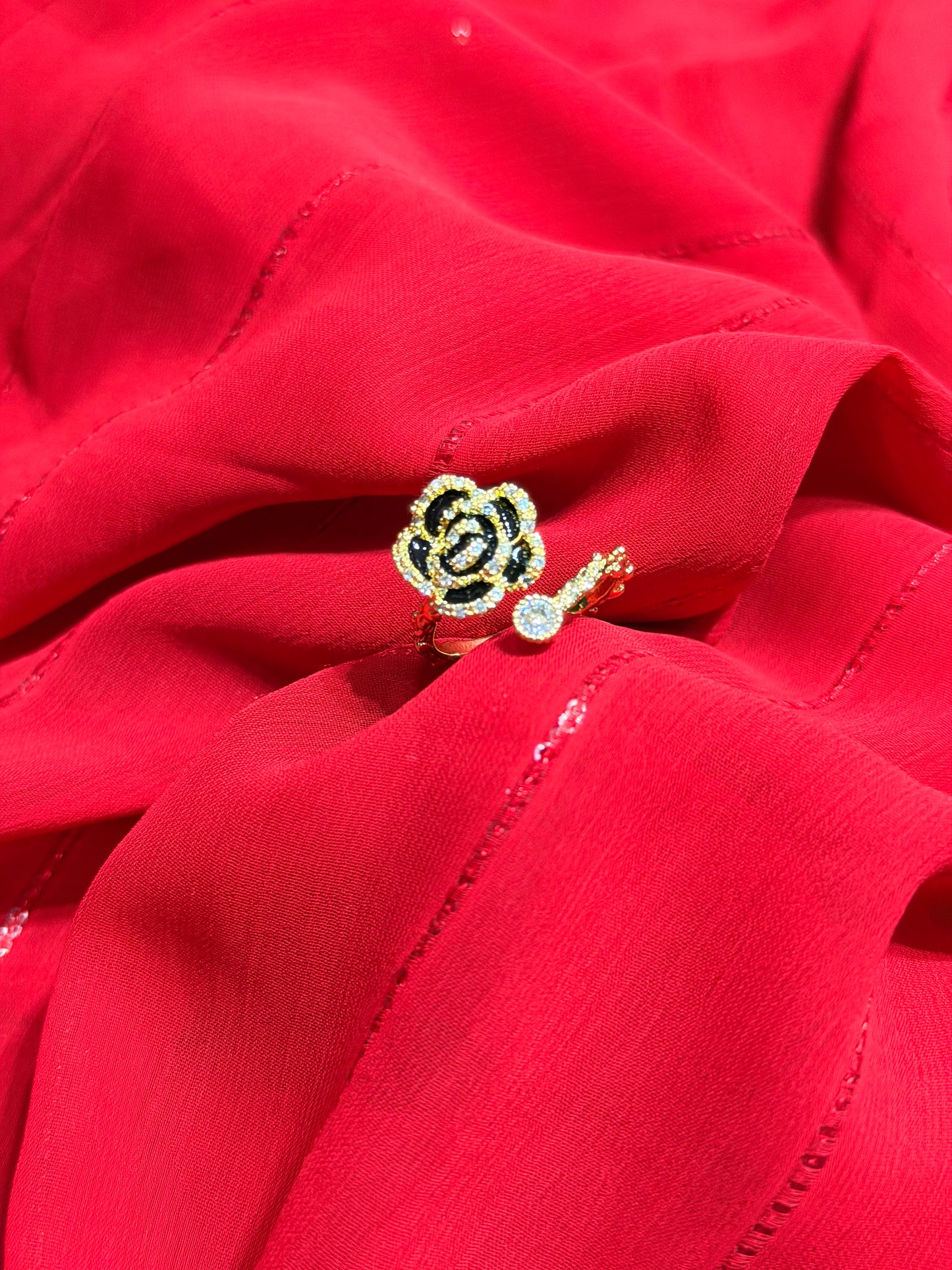 Black Camellia Flower With RhineStones Adjustable Gold plated Ring