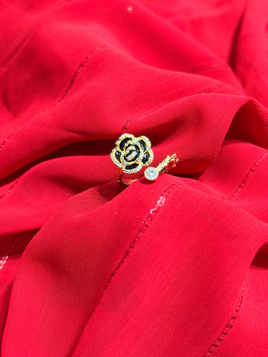 Black Camellia Flower With RhineStones Adjustable Gold plated Ring