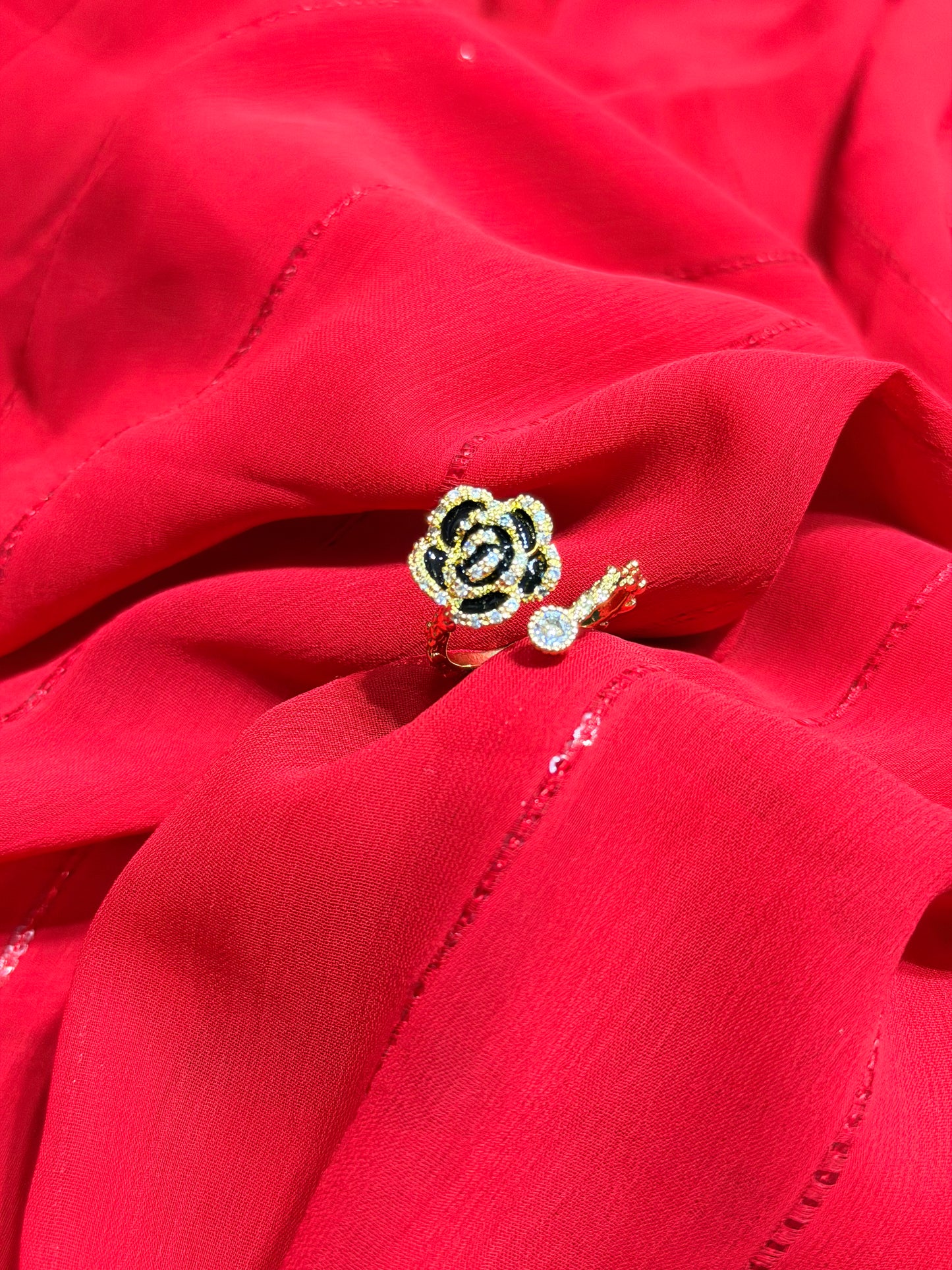 Black Camellia Flower With RhineStones Adjustable Gold plated Ring
